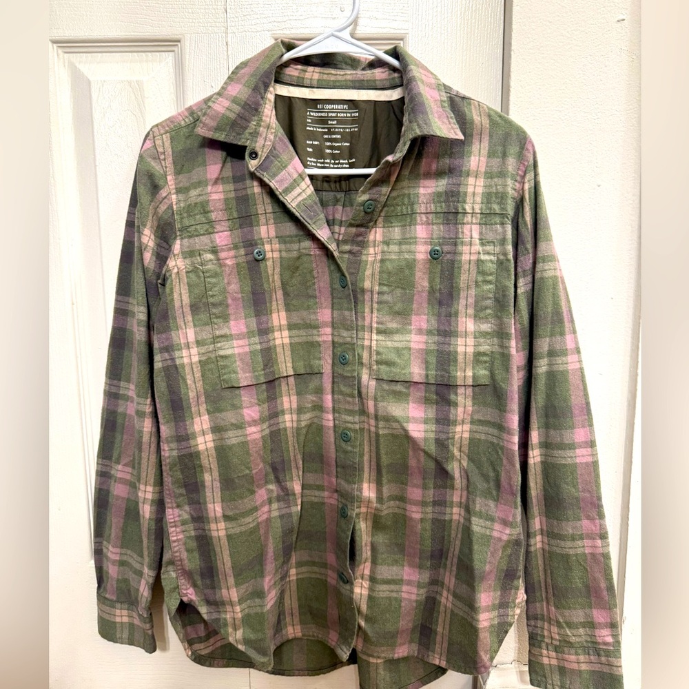 REI Organic Green and Pink Plaid Shirt